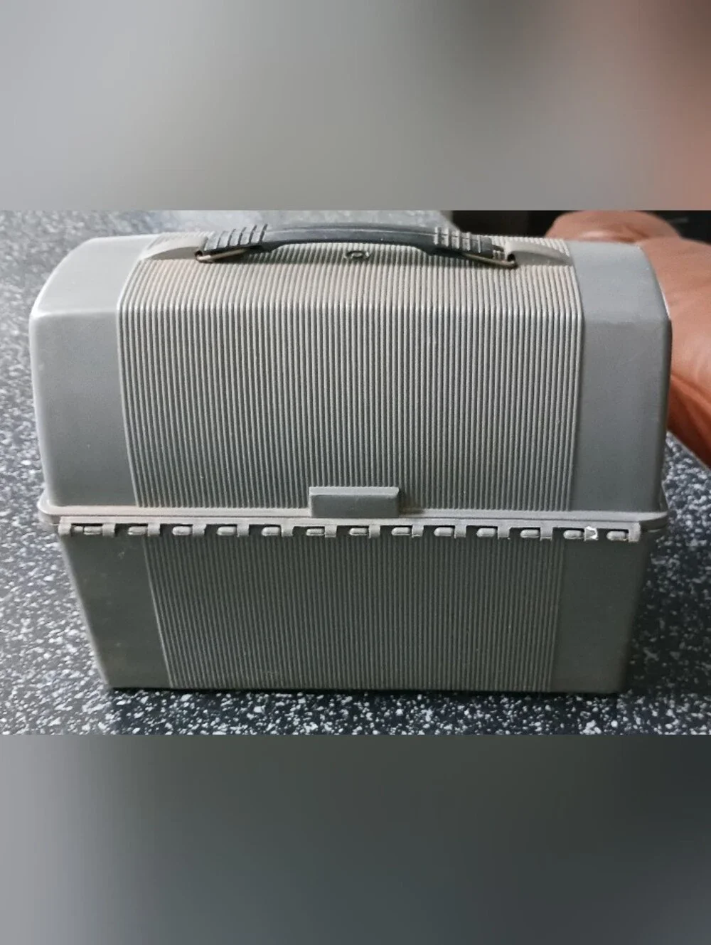 Vintage Thermos Grey Lunchbox and  drink/food thermos holders, can opener